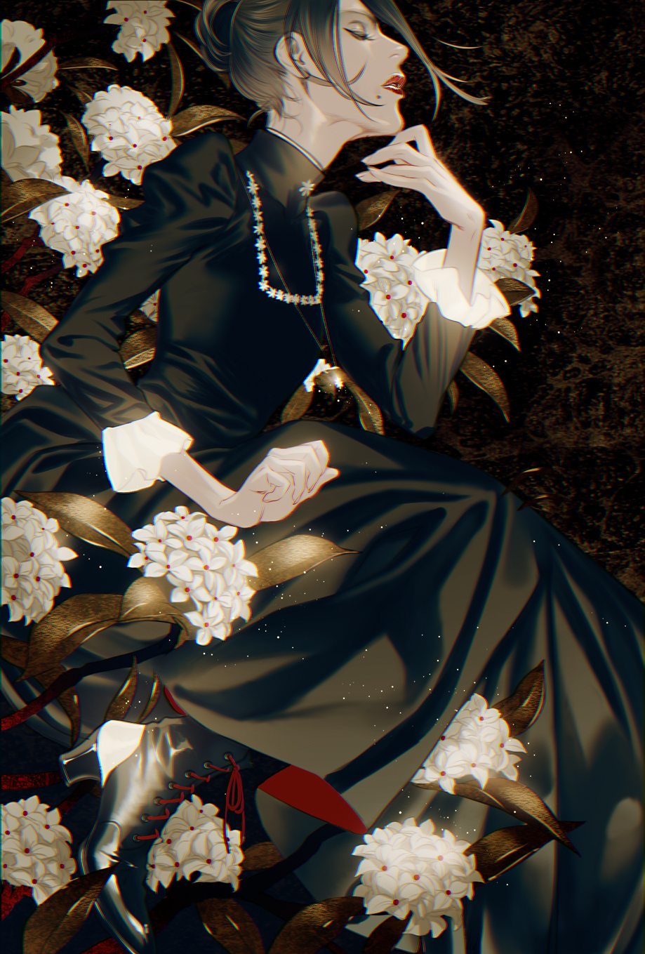 1boy androgynous bangs black_dress black_hair dress earrings flower frilled_dress frills from_side golden_kamuy hair_bun head_tilt high_heels highres ienaga_kano jewelry knee_up lily_(flower) lipstick long_sleeves makeup mole mole_under_mouth otoko_no_ko parted_bangs parted_lips red_lipstick short_hair w55674570w white_flower