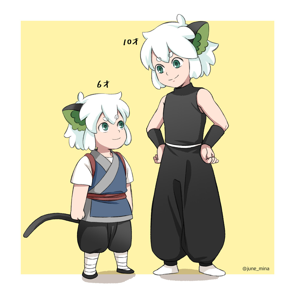 1boy age_comparison animal_ears black_pants black_shirt cat_boy cat_ears cat_tail june_mina luoxiaohei pants shadow shirt short_hair short_sleeves simple_background sleeveless sleeveless_shirt tail the_legend_of_luo_xiaohei white_hair yellow_background