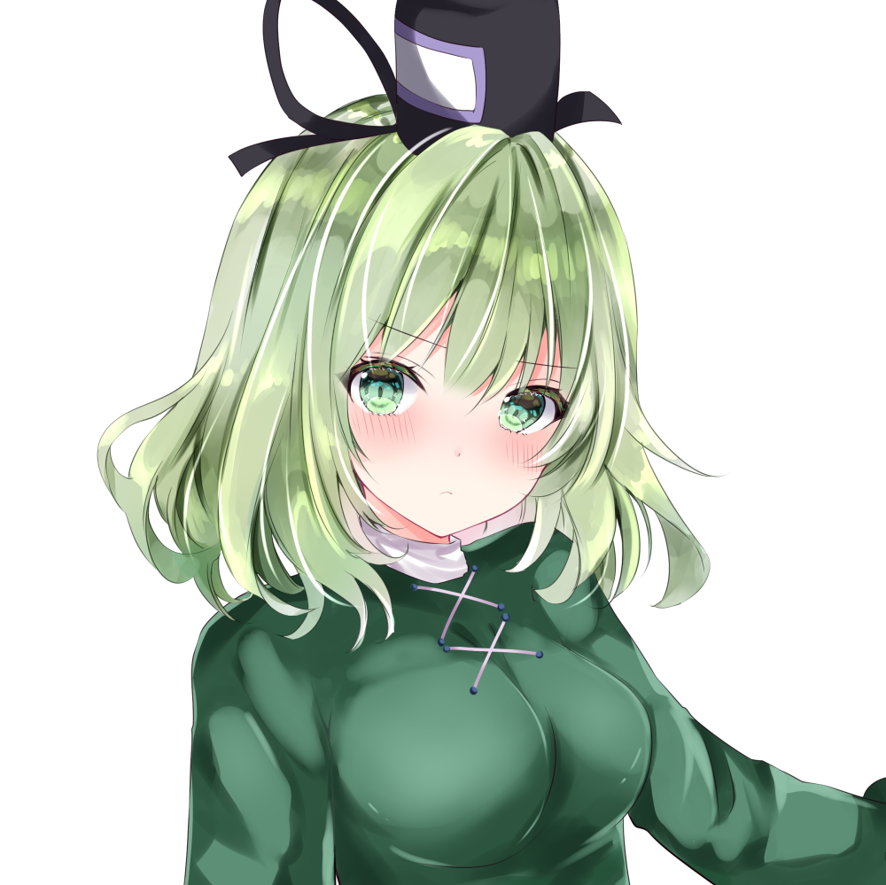 1girl black_headwear blush breasts closed_mouth commentary_request cross-laced_clothes dress eyebrows_visible_through_hair frown green_dress green_eyelashes green_eyes green_hair hair_between_eyes hat long_sleeves looking_at_viewer medium_breasts medium_hair nanase_nao shiny shiny_hair simple_background soga_no_tojiko solo tate_eboshi touhou upper_body white_background