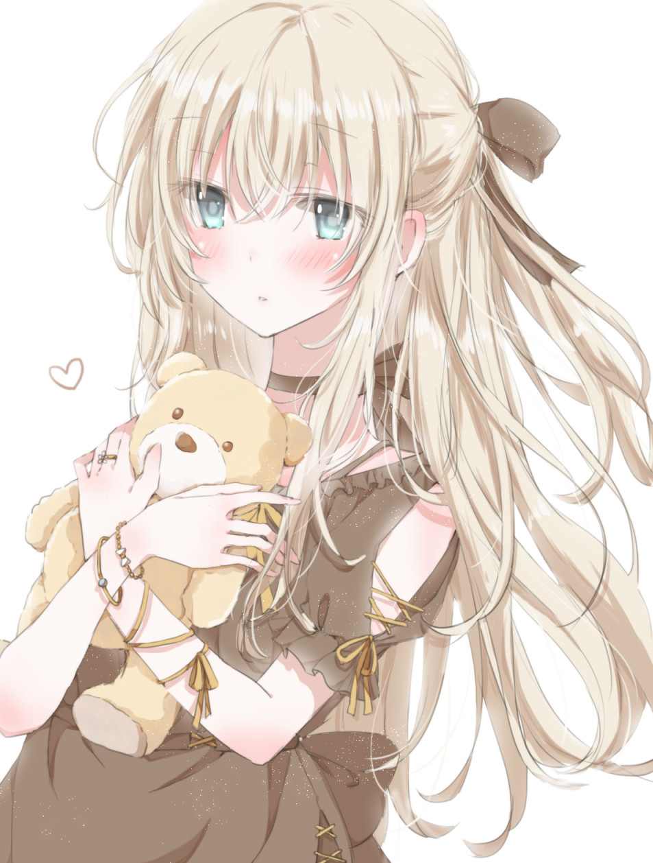 1girl black_bow black_dress blonde_hair blue_eyes blush bow bracelet choker dress eyebrows_visible_through_hair hair_bow half_updo highres hiro_(hirohiro31) jewelry long_hair looking_at_viewer one_side_up original solo stuffed_animal stuffed_toy teddy_bear upper_body