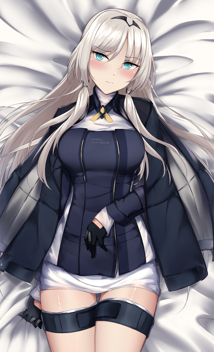 1girl alternate_breast_size an-94_(girls_frontline) aqua_eyes bangs black_coat black_gloves black_sweater blush breasts clenched_hand closed_mouth coat collarbone commentary_request dakimakura_(medium) eyebrows eyebrows_visible_through_hair feet girls_frontline gloves hair_ornament hairband half_gloves head_tilt headband knees_together_feet_apart long_hair long_sleeves looking_at_viewer low_twintails lying miniskirt on_back on_bed parted_bangs platinum_blonde_hair salyut sidelocks skirt socks sweater sweater_vest swimsuit swimwear thigh_bands thighs twintails white_legwear white_skirt