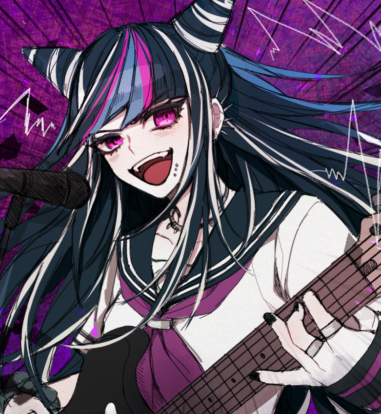 1girl black_hair black_nails collarbone dangan_ronpa_(series) dangan_ronpa_2:_goodbye_despair ear_piercing fangs gloves guitar hair_horns holding holding_instrument instrument jewelry lip_piercing long_hair looking_at_viewer mioda_ibuki multicolored_hair music nail_polish necklace open_mouth piercing pink_eyes pink_hair playing_instrument purple_background raonal97 school_uniform serafuku smile solo symbol_commentary upper_body white_hair