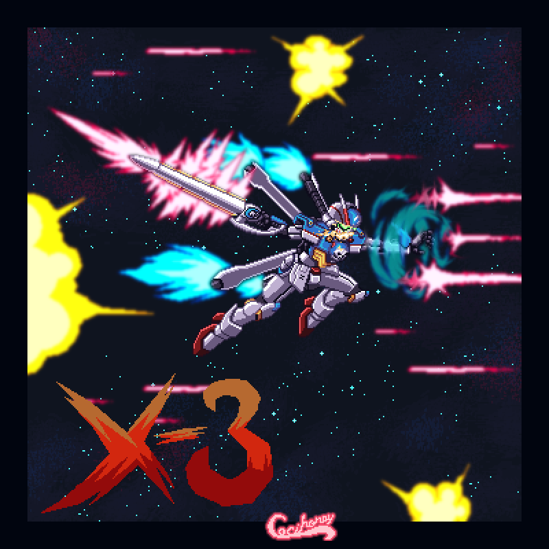 cecihoney character_name crossbone_gundam crossbone_gundam_x-3 energy_sword english_commentary explosion flying glowing glowing_eyes green_eyes gundam holding holding_sword holding_weapon laser mecha open_mouth pirate pixel_art space star_(sky) sword v-fin weapon