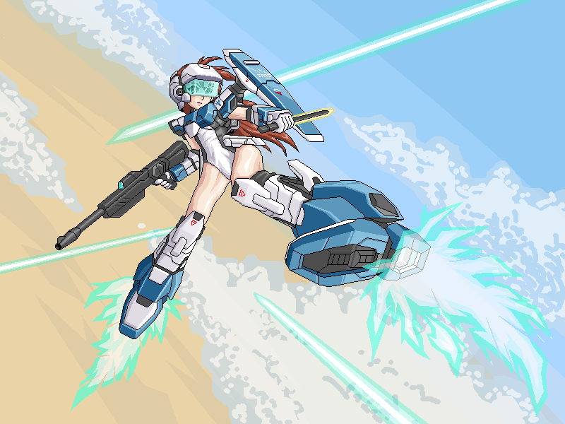 1girl brown_eyes brown_hair cecihoney clouds english_commentary floating_hair flying gun helmet holding holding_gun holding_knife holding_weapon knife laser leotard long_hair mecha_musume original pixel_art sky solo v-shaped_eyebrows visor weapon