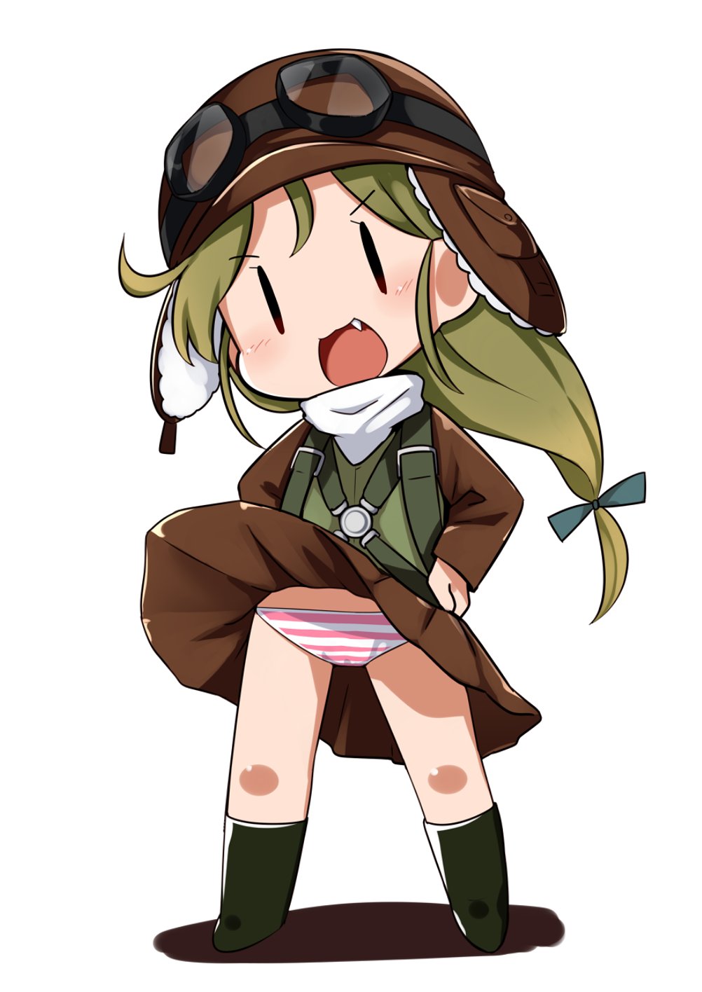 1girl bangs blush bomber_hat brown_headwear brown_skirt eyebrows_visible_through_hair fairy_(kantai_collection) fang goggles goggles_on_headwear green_hair hands_on_hips hat highres kantai_collection long_hair low-tied_long_hair nassukun open_mouth panties simple_background skirt solo standing striped striped_panties underwear white_background wind wind_lift
