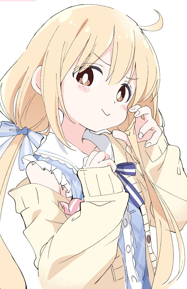 1girl :&gt; ahoge blonde_hair blue_ribbon blue_shirt blush_stickers brown_eyes cardigan eyebrows_visible_through_hair eyes_visible_through_hair futaba_anzu hair_ribbon idolmaster idolmaster_cinderella_girls ixy long_hair long_sleeves looking_at_viewer low_twintails ribbon shirt simple_background solo twintails upper_body white_background yellow_cardigan