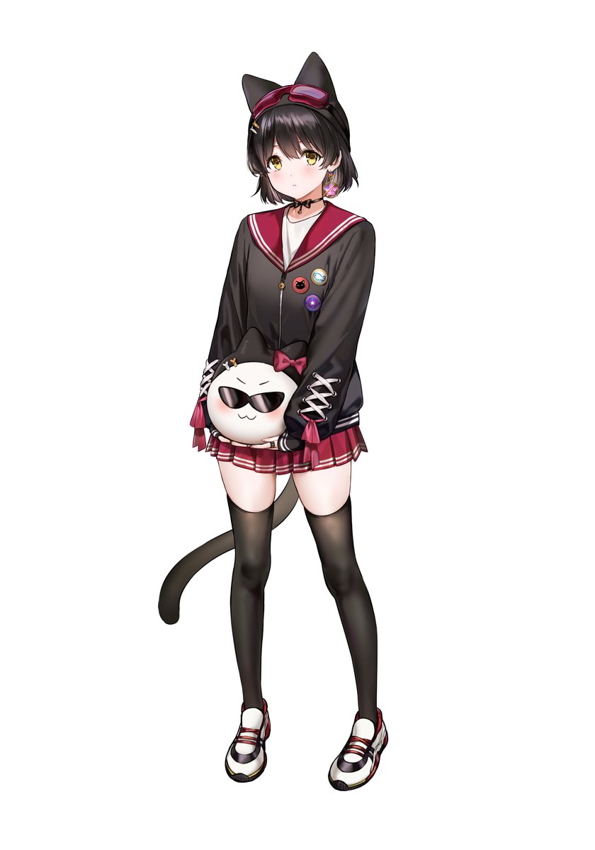 1girl bangs black_choker black_hair black_headwear black_jacket black_legwear bow_choker cat_tail choker closed_mouth commentary ear_piercing earrings english_text full_body goggles goggles_on_headwear hair_between_eyes hair_ornament highres holding jacket jewelry long_sleeves looking_at_viewer maru_(ruvixia) mery_(yangmalgage) piercing red_sailor_collar red_skirt ruvixia sailor_collar shirt shoes short_hair simple_background skirt sneakers solo standing tail thigh-highs virtual_youtuber white_background white_shirt yellow_eyes zettai_ryouiki