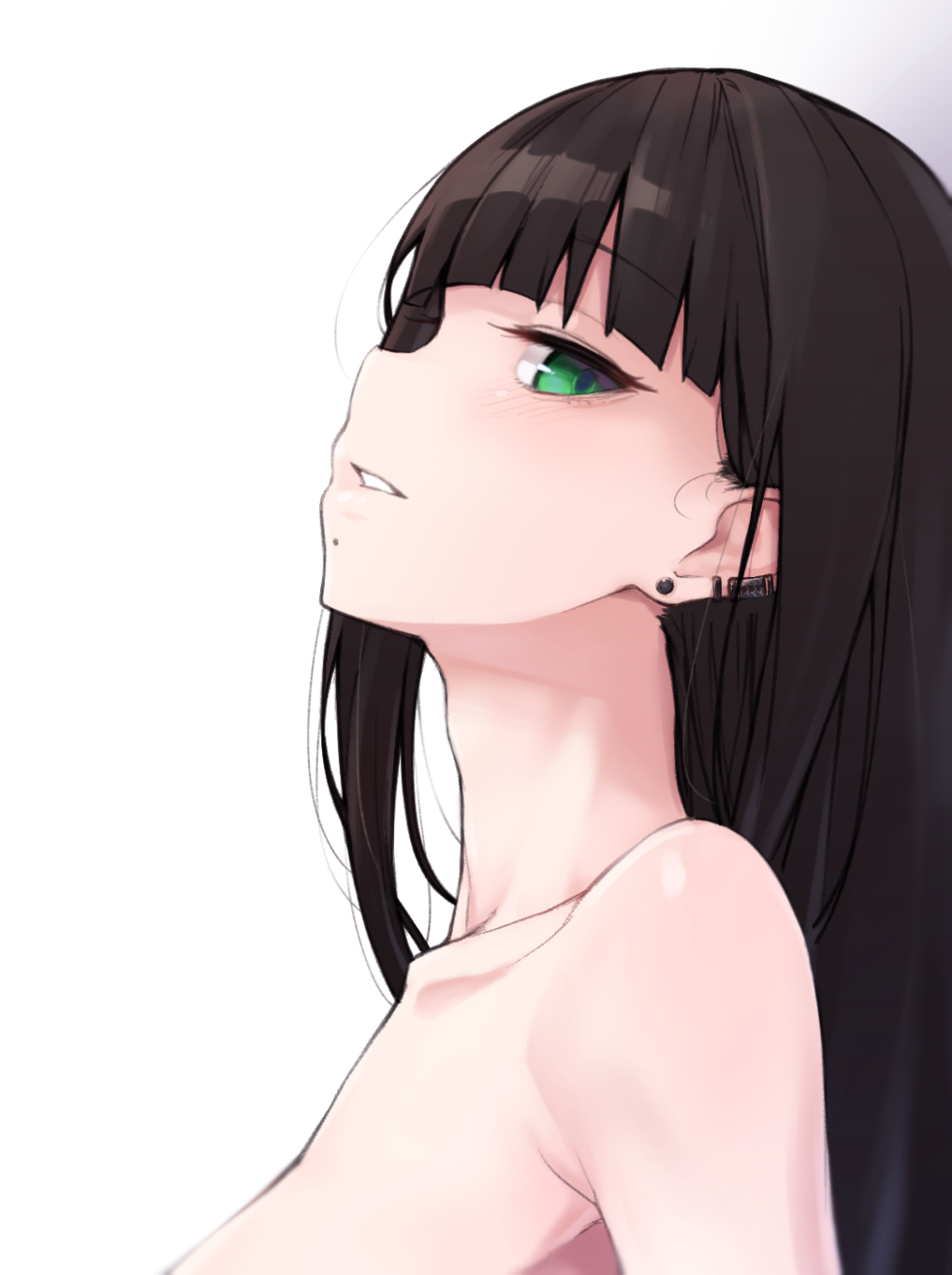1girl bangs black_hair blunt_bangs blush collarbone ear_piercing earrings eyebrows_visible_through_hair from_side green_eyes highres jewelry kurosawa_dia long_hair looking_at_viewer looking_to_the_side love_live! love_live!_sunshine!! mole mole_under_mouth nasuno_(nasuno42) nude parted_lips piercing profile sideways_glance simple_background solo stud_earrings upper_body white_background