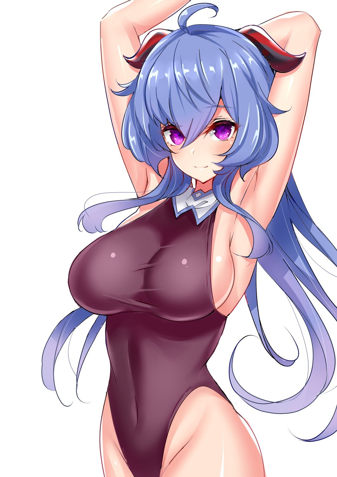 1girl ahoge arm_behind_head arm_up armpits blue_hair blush bodysuit breasts brown_bodysuit closed_mouth commentary_request covered_navel eyebrows_visible_through_hair ganyu_(genshin_impact) genshin_impact gloves goat_horns hair_between_eyes highres horns large_breasts looking_at_viewer red_gloves sankakusui simple_background sleeveless_bodysuit smile solo violet_eyes white_background