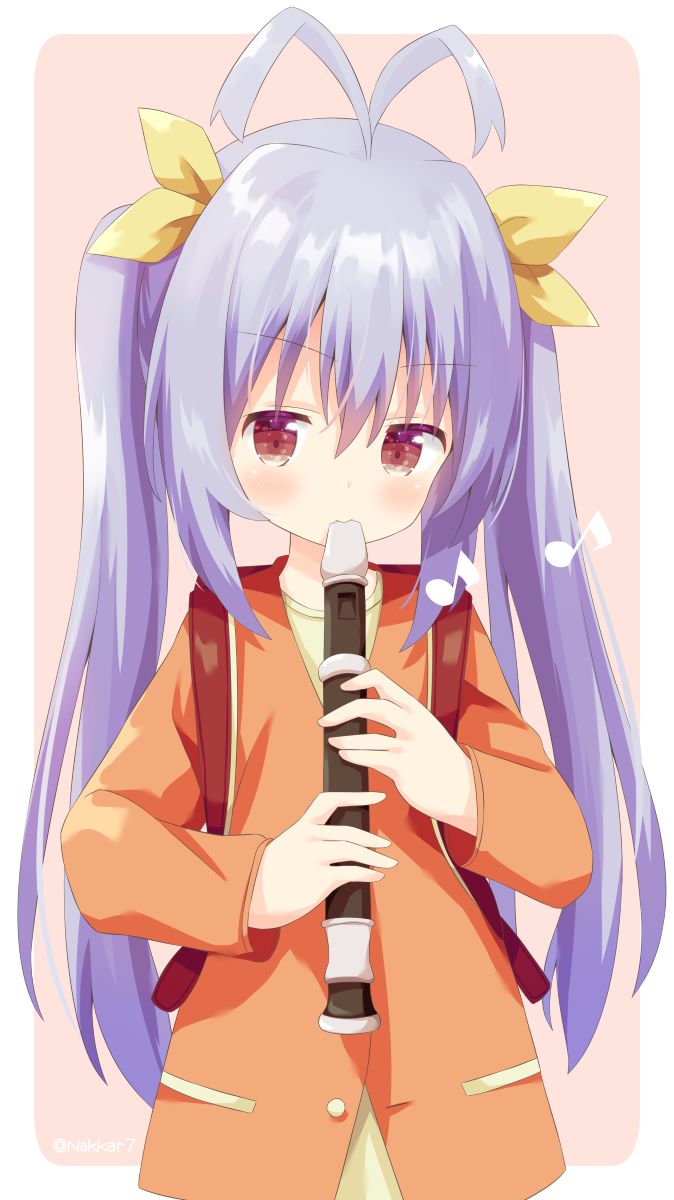 1girl antenna_hair backpack bag blush brown_background brown_jacket brown_shirt closed_mouth commentary_request eighth_note hair_ribbon highres holding holding_instrument instrument jacket long_hair looking_at_viewer miyauchi_renge music musical_note nakkar non_non_biyori playing_instrument purple_hair randoseru recorder ribbon shirt solo twintails two-tone_background upper_body very_long_hair white_background yellow_ribbon