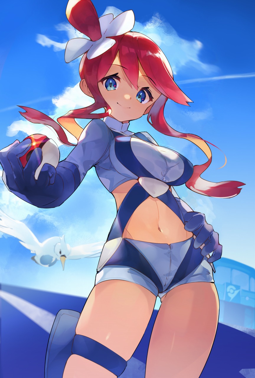1girl bangs blue_eyes blue_gloves blue_shorts breasts closed_mouth clouds commentary crop_top day eyelashes floating_hair gen_5_pokemon gloves gym_leader hair_ornament hand_on_hip highres holding holding_poke_ball holster looking_at_viewer navel outdoors poke_ball poke_ball_(basic) pokemon pokemon_(creature) pokemon_(game) pokemon_bw redhead short_hair_with_long_locks short_shorts shorts sidelocks sky skyla_(pokemon) smile standing swanna yogurtbomb9
