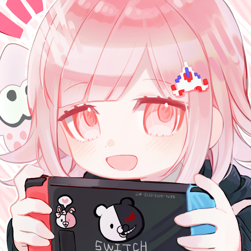 1girl :d bangs black_jacket blush character_print dangan_ronpa_(series) dangan_ronpa_2:_goodbye_despair eyebrows_visible_through_hair hair_ornament hairclip hands_up holding jacket light_brown_hair looking_at_viewer monokuma monomi_(dangan_ronpa) nanami_chiaki nintendo_switch number open_mouth pink_eyes pink_hair raonal97 smile solo spaceship_hair_ornament upper_body