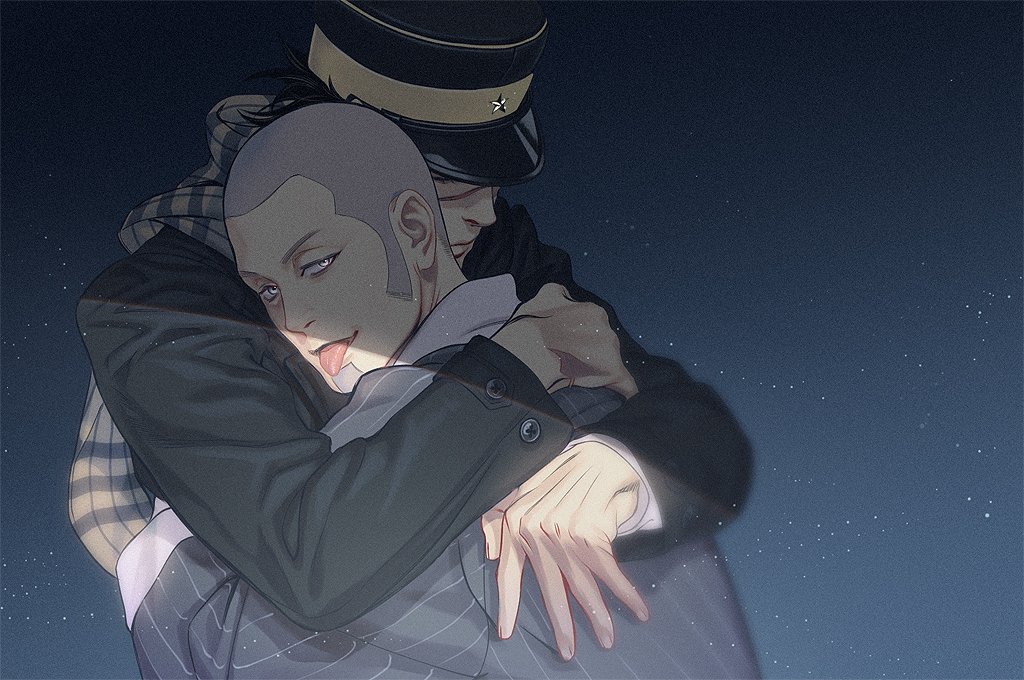 2boys black_eyes black_hair black_vest blue_jacket buttons buzz_cut facial_hair glowing glowing_eyes goatee golden_kamuy grey_hair hat hug imperial_japanese_army jacket kepi long_sleeves looking_at_viewer male_focus military military_hat military_uniform multiple_boys scar scar_on_cheek scar_on_face scar_on_nose scarf shaded_face shiraishi_yoshitake short_hair sideburns simple_background spiky_hair sugimoto_saichi tongue tongue_out uniform upper_body very_short_hair vest w55674570w