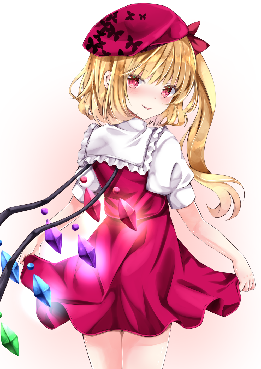 1girl :p animal_print bangs beret blonde_hair blush bow butterfly_print commentary_request cowboy_shot crystal dress eyebrows_visible_through_hair flandre_scarlet from_behind glowing gradient gradient_background hat hat_bow highres looking_at_viewer looking_back nanase_nao one_side_up pink_background puffy_short_sleeves puffy_sleeves red_bow red_dress red_eyes red_headwear short_hair short_sleeves simple_background solo standing tongue tongue_out touhou white_background wings