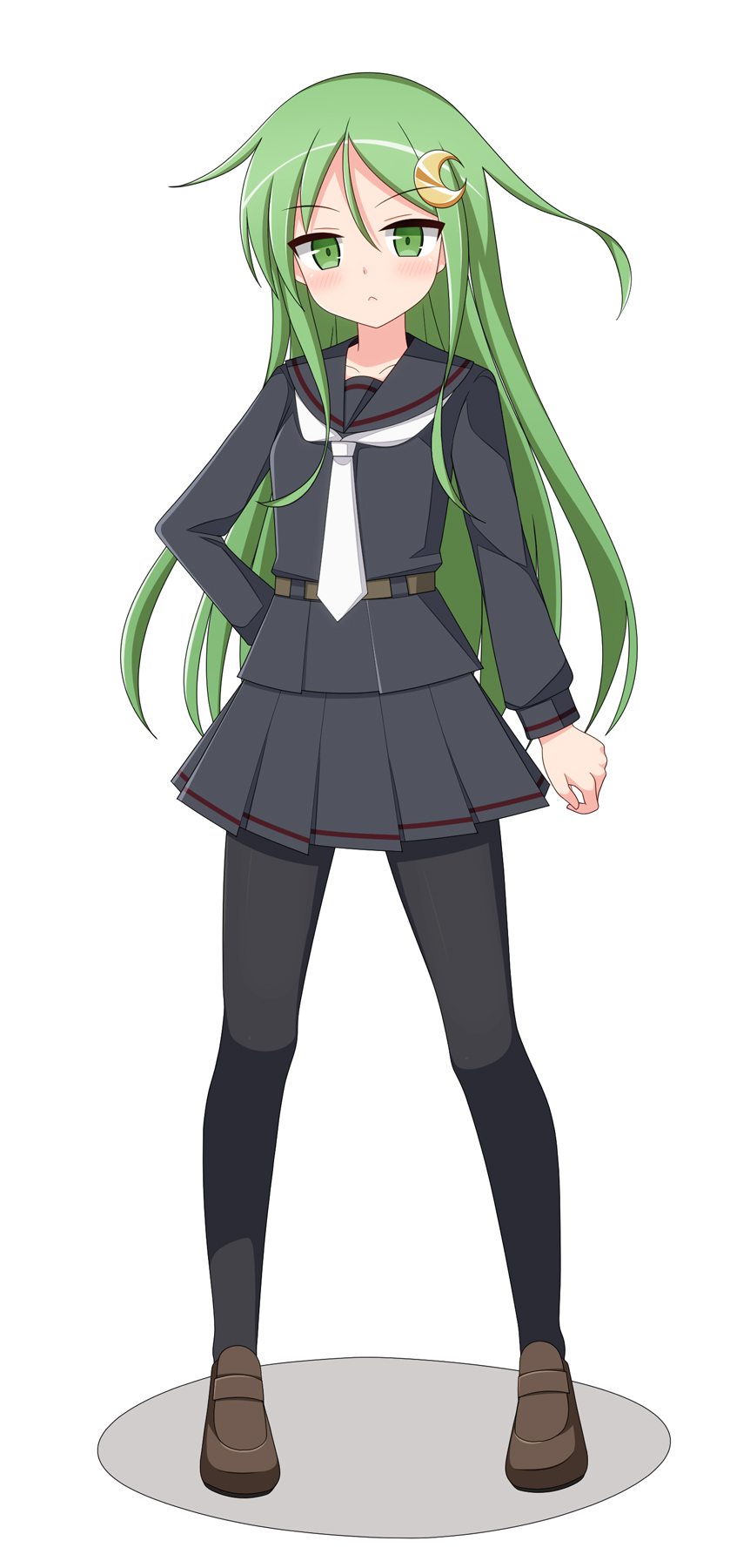 1girl black_legwear black_serafuku brown_footwear crescent crescent_moon_pin full_body green_eyes green_hair highres kantai_collection loafers long_hair nagatsuki_(kantai_collection) necktie pantyhose saratoga_(scharn) school_uniform serafuku shoes simple_background solo standing white_background white_neckwear