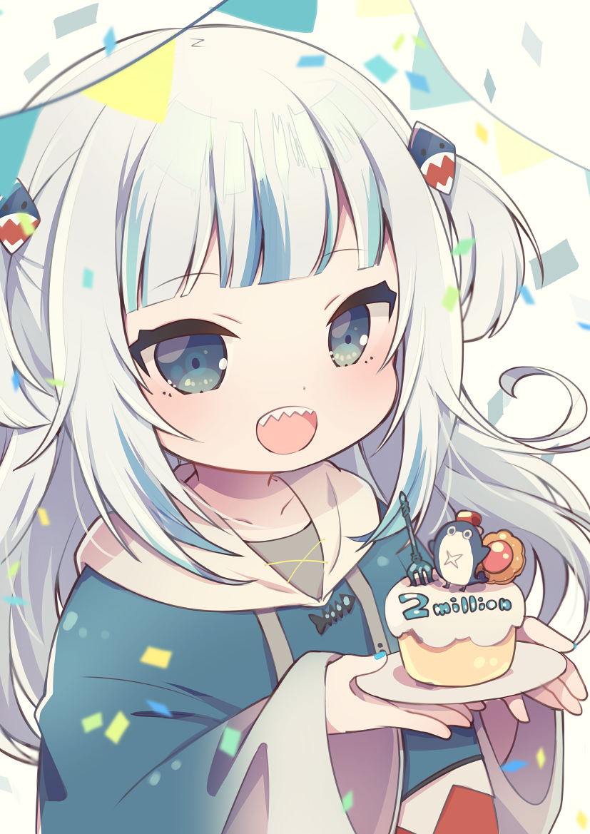 1girl :d aruya_(flosrota) bangs bloop_(gawr_gura) blue_eyes blue_hoodie blue_nails blunt_bangs blush collarbone commentary_request confetti cross-laced_clothes cupcake eyebrows_visible_through_hair food gawr_gura gradient_clothes hair_ornament holding holding_tray hololive hololive_english hood hoodie long_hair long_sleeves looking_at_viewer milestone_celebration multicolored_hair nail_polish open_mouth polearm shark_hair_ornament sharp_teeth sidelocks silver_hair simple_background smile solo streaked_hair teeth tray trident two_side_up upper_body virtual_youtuber weapon white_background wide_sleeves