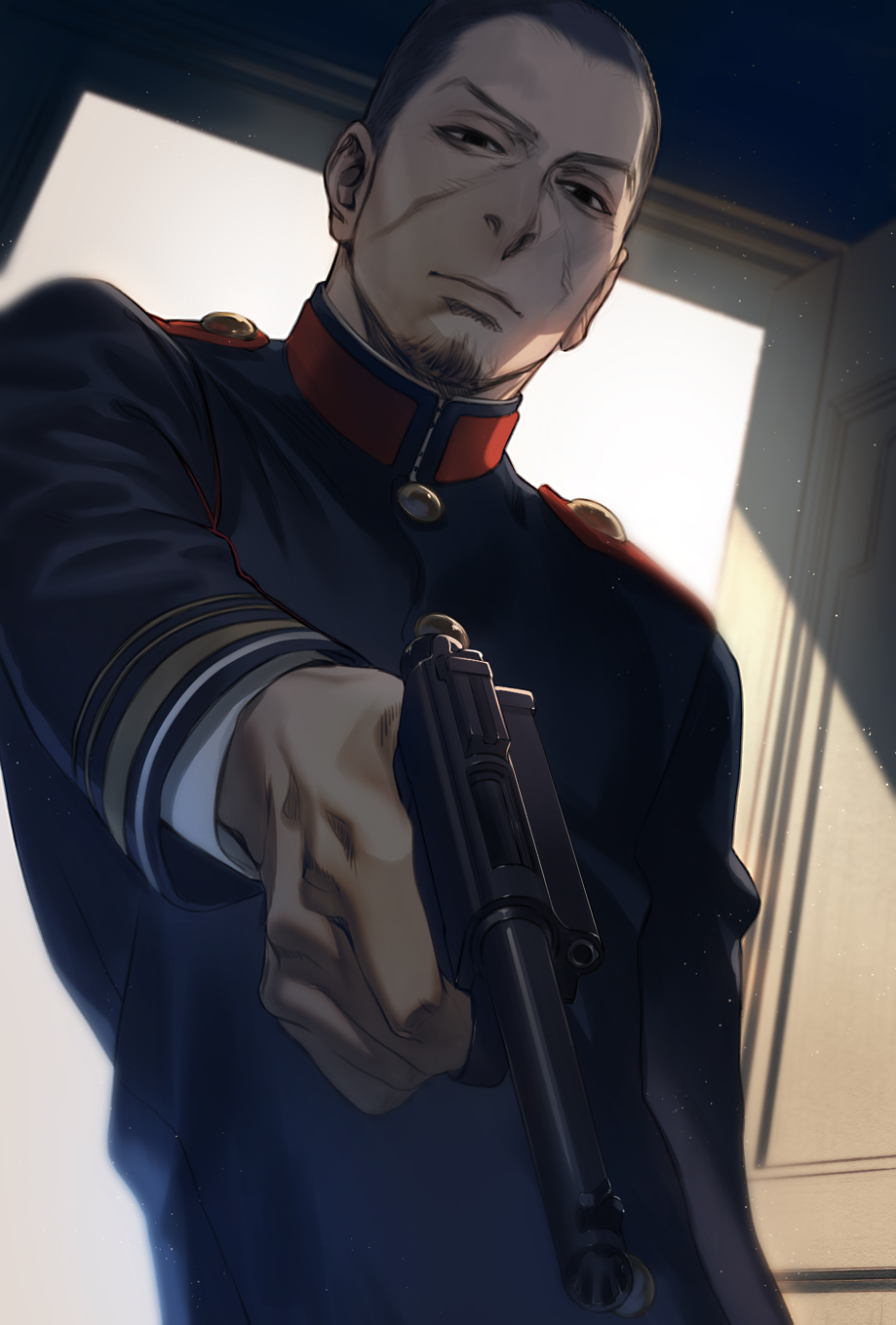 1boy black_eyes black_hair blue_jacket buttons buzz_cut collared_jacket expressionless facial_hair from_below golden_kamuy gun highres holding holding_gun holding_weapon imperial_japanese_army jacket long_sleeves male_focus military military_uniform short_hair simple_background solo stubble tsukishima_hajime uniform upper_body very_short_hair w55674570w weapon