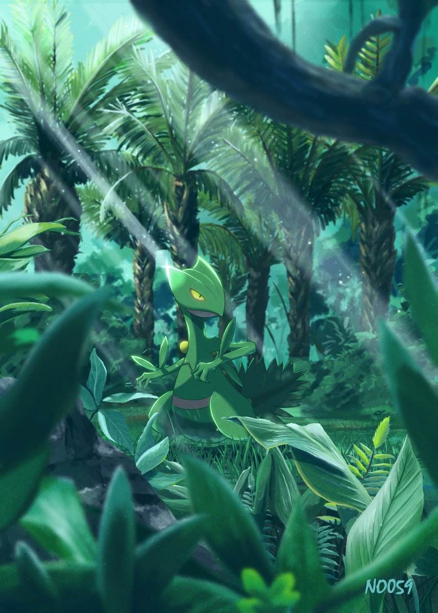 artist_name blurry closed_mouth commentary_request gen_3_pokemon grass highres light_beam looking_to_the_side no-goku_(penicillium) no_humans outdoors pokemon pokemon_(creature) sceptile standing tree watermark yellow_eyes