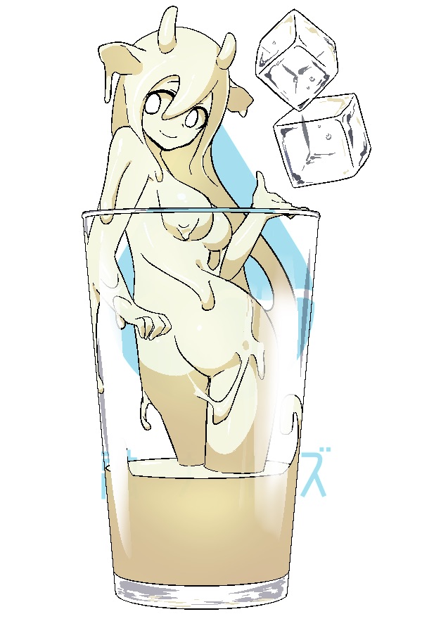 1girl akira_(meltyhip) animal_ears blonde_hair breasts closed_mouth colored_sclera colored_skin completely_nude contrapposto cow_ears cow_girl cow_horns cup drinking_glass hand_up horns ice ice_cube in_container in_cup large_breasts looking_at_viewer milk minigirl monster_girl nude original slime_girl smile solo standing white_eyes yellow_sclera yellow_skin