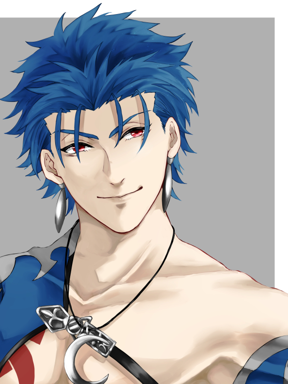 1boy blue_hair bodypaint close-up closed_mouth crescent_necklace cu_chulainn_(fate)_(all) earrings fate/grand_order fate_(series) jewelry lancer looking_to_the_side male_focus red_eyes simple_background smile solo spiky_hair strap type-moon yanaki_(ynyaan_3)