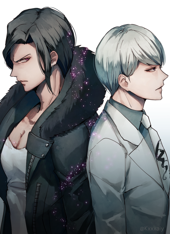 2boys back-to-back bangs brown_hair closed_mouth collarbone commentary_request dangan_ronpa_(series) dangan_ronpa_3_(anime) formal fur-trimmed_jacket fur_trim grey_hair grey_shirt jacket looking_at_viewer male_focus multiple_boys munakata_kyousuke necktie open_clothes pectorals print_neckwear profile sakakura_juuzou sakuyu serious shirt short_hair simple_background suit twitter_username upper_body white_background white_neckwear white_suit