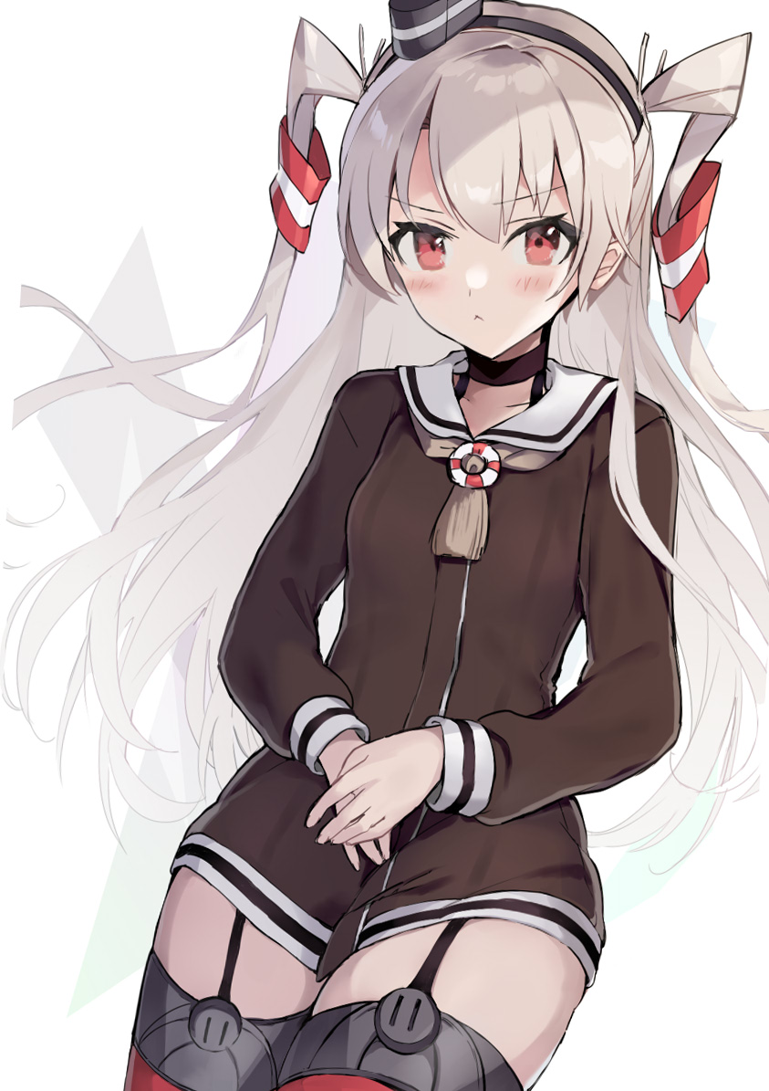 1girl :&lt; amatsukaze_(kantai_collection) bangs blush brown_dress closed_eyes dress garter_straps grey_hair grey_neckwear hair_tubes hands_together kantai_collection long_hair long_sleeves picoli1313 red_eyes red_legwear sailor_collar sailor_dress simple_background solo thigh-highs two_side_up white_background windsock