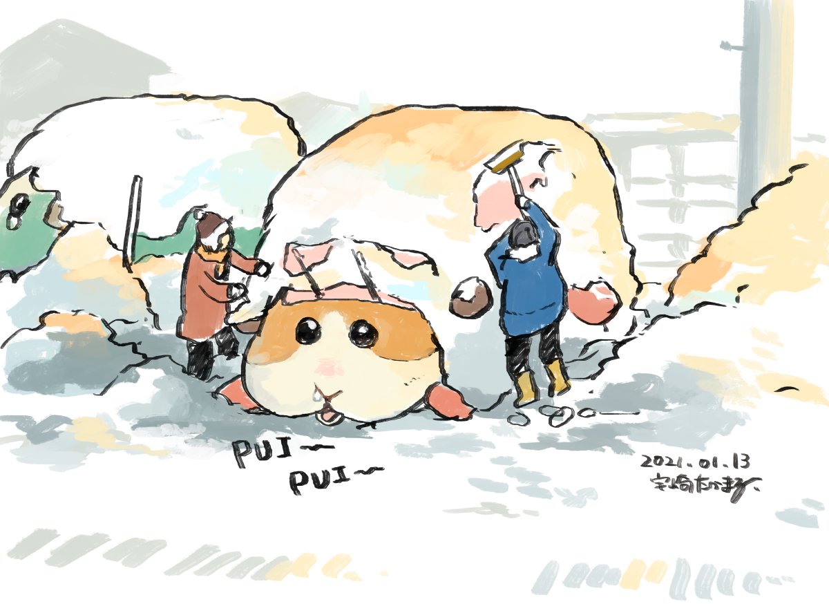 2others black_eyes broom coat dated guinea_pig molcar multiple_others other_focus potato_(pui_pui_molcar) pui_pui_molcar red_coat runny_nose scarf signature snow tearing_up uzaki_(jiro) yellow_scarf