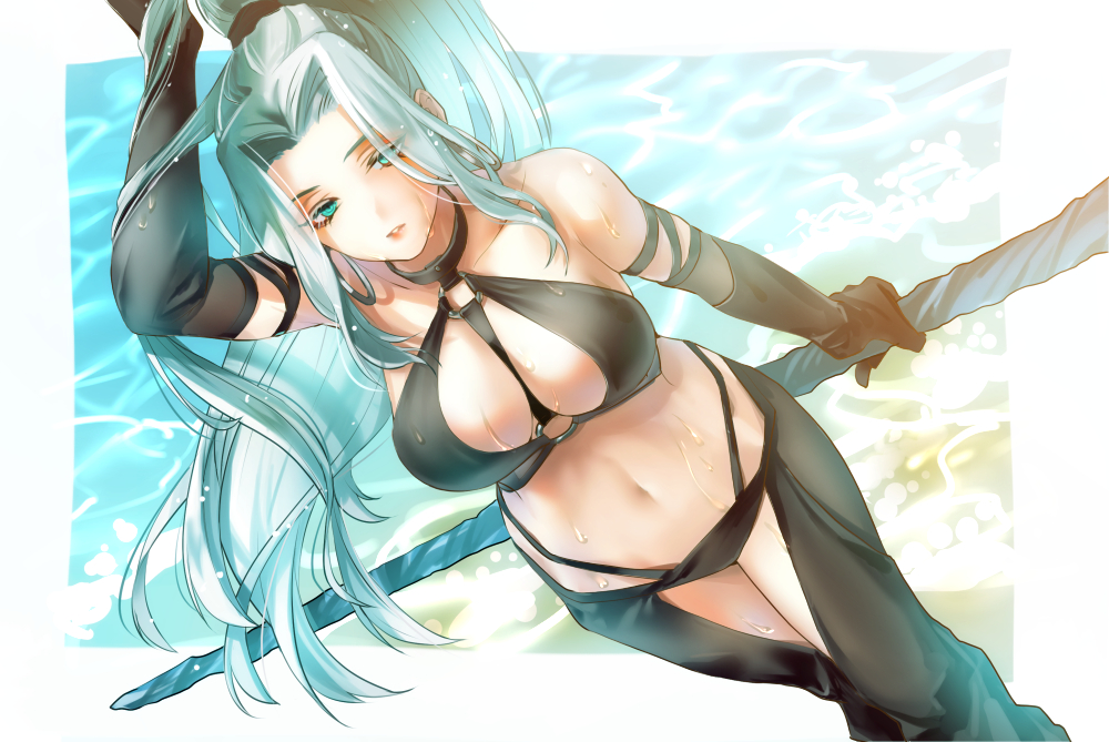 1girl between_breasts black_gloves black_pants blue_eyes border breasts commentary_request dutch_angle elbow_gloves female gensou_suikoden gensou_suikoden_iv gloves holding holding_staff jeane large_breasts long_hair looking_at_viewer o-ring o-ring_top ocean pants ponytail revealing_clothes rhapsodia sassa_(cb) silver_hair solo staff very_long_hair white_border