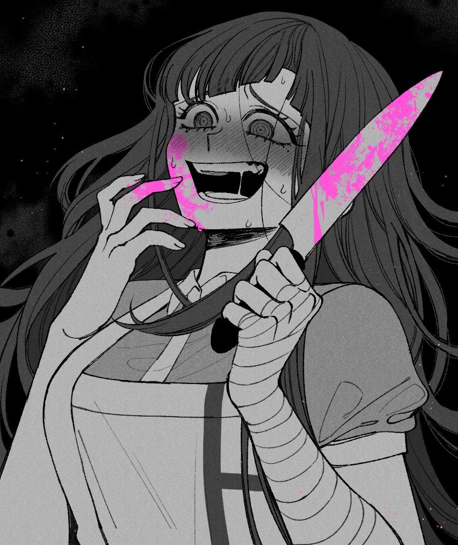 1girl apron bandaged_arm bandages bangs black_background blood blood_on_face bloody_hands bloody_weapon bong_(0u0bon) dangan_ronpa_(series) dangan_ronpa_2:_goodbye_despair gradient gradient_background hands_up holding holding_weapon knife long_hair looking_at_viewer mole mole_under_eye monochrome open_mouth pink_blood puffy_short_sleeves puffy_sleeves short_sleeves solo sweat teeth tsumiki_mikan upper_body weapon