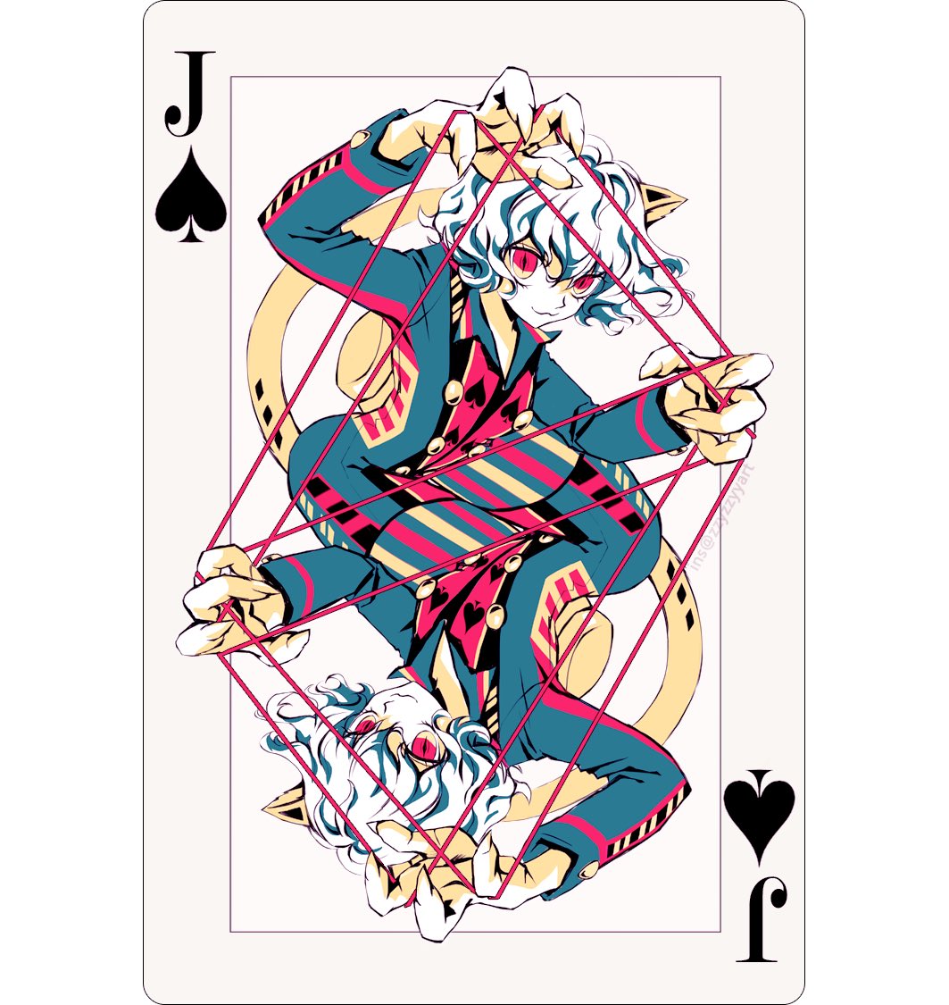 1other :3 animal_ear_fluff animal_ears bangs card card_(medium) cat's_cradle cat_ears cat_tail closed_mouth collared_jacket commentary english_commentary fingernails hair_between_eyes hunter_x_hunter instagram_username jack_of_spades jacket long_sleeves looking_at_viewer multicolored multicolored_clothes multicolored_jacket multiple_views neferpitou other_focus playing_card red_eyes sharp_fingernails short_hair slit_pupils spade_(shape) string symmetry tail upside-down watermark white_hair zzyzzyy