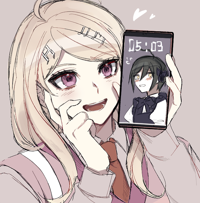 1boy 1girl ahoge akamatsu_kaede bangs black_hair blonde_hair blush blush_stickers bow cellphone clock collared_shirt crossdressinging dangan_ronpa_(series) dangan_ronpa_v3:_killing_harmony eighth_note eyebrows_visible_through_hair hair_ornament hand_on_own_cheek hand_on_own_face hands_up heart long_hair long_sleeves looking_at_viewer musical_note musical_note_hair_ornament necktie open_mouth pale_skin phone purple_bow raonal97 saihara_shuuichi shirt short_hair smartphone smile white_shirt yellow_eyes