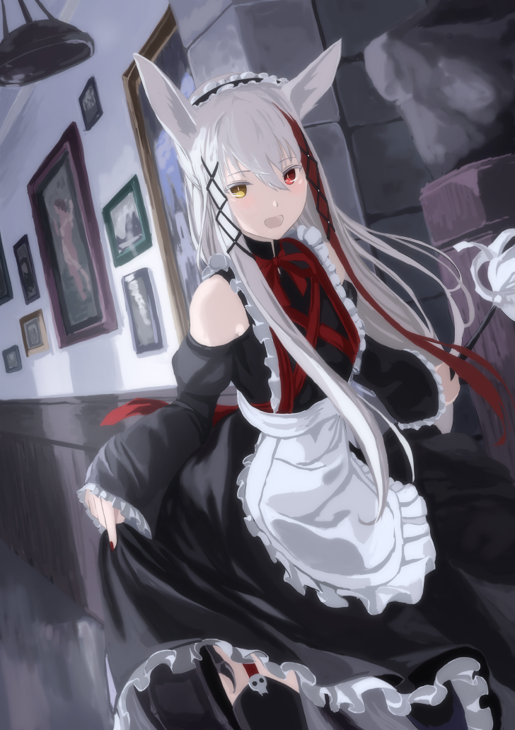 1girl :d animal_ears bangs frills garter_straps hair_between_eyes heterochromia holding lifted_by_self long_hair long_sleeves looking_at_viewer maid maid_headdress mikisai open_mouth original painting_(object) red_eyes sidelocks smile solo thigh-highs white_hair yellow_eyes