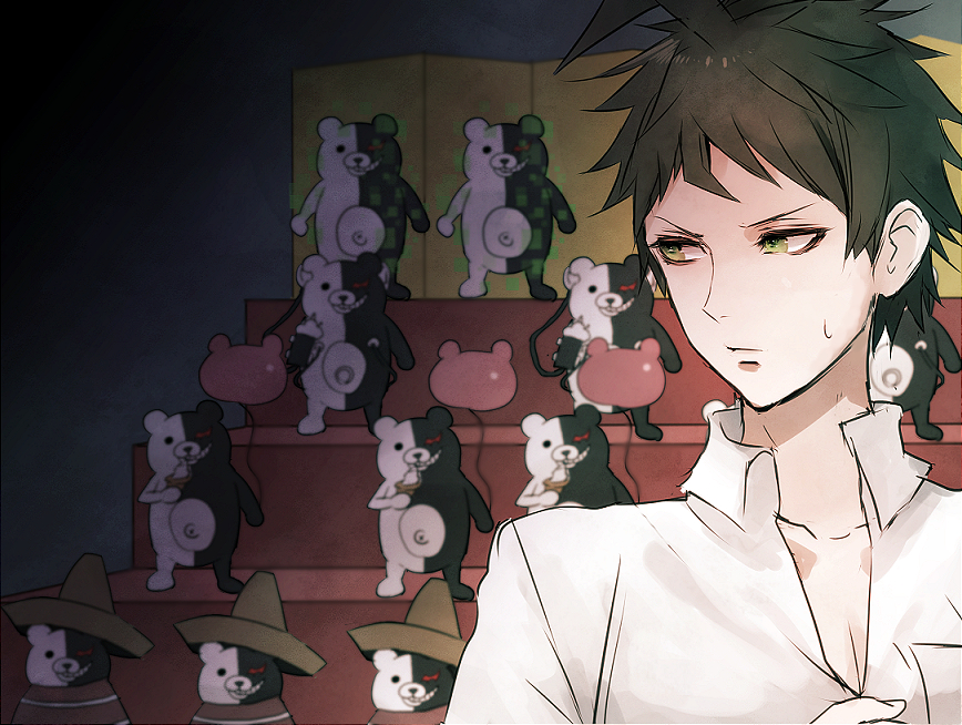 1boy ahoge balloon bangs black_hair brown_eyes brown_hair claws collarbone collared_shirt commentary_request dangan_ronpa_(series) dangan_ronpa_2:_goodbye_despair freckles green_eyes hat hinata_hajime holding long_neck looking_back male_focus monokuma portrait sakuyu shirt short_hair sombrero white_shirt