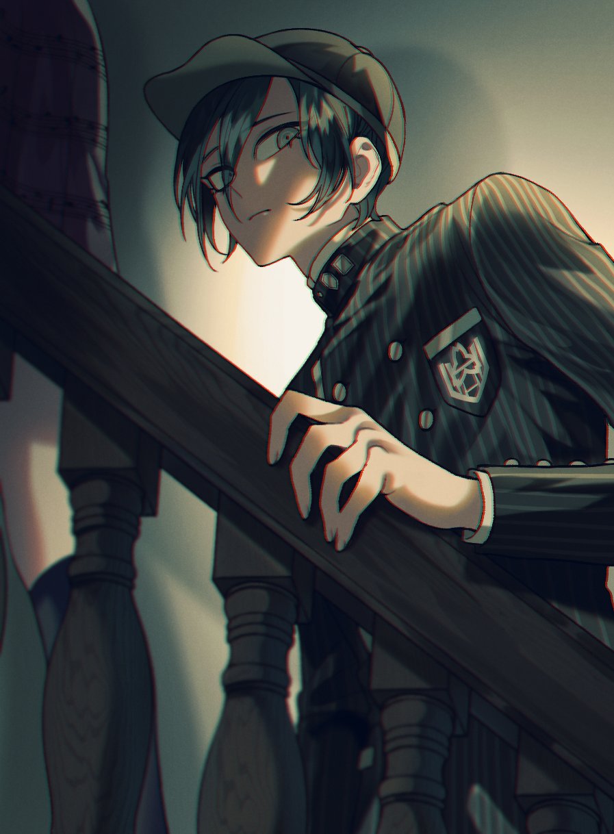 1boy 1girl akamatsu_kaede black_hair black_headwear black_jacket bong_(0u0bon) breast_pocket dangan_ronpa_(series) dangan_ronpa_v3:_killing_harmony double-breasted hand_up hat highres indoors jacket looking_at_viewer looking_to_the_side male_focus musical_note musical_note_print pocket purple_skirt saihara_shuuichi short_hair skirt solo_focus striped_jacket symbol_commentary upper_body