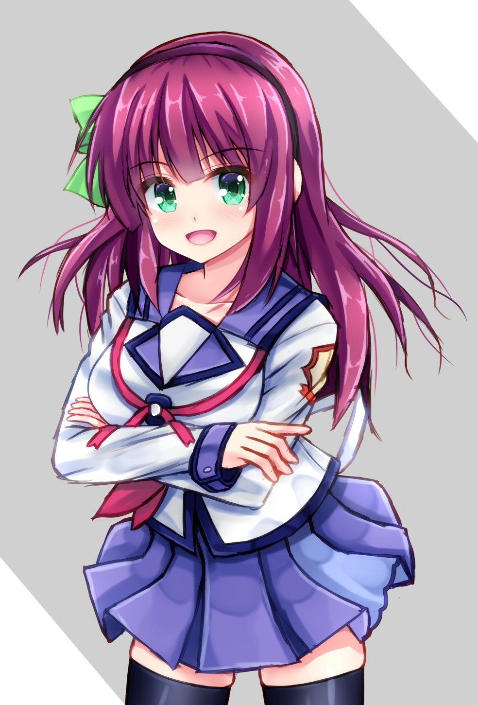 1girl angel_beats! black_legwear blue_sailor_collar blue_skirt bow commentary_request cowboy_shot crossed_arms green_eyes grey_background hair_bow hairband highres long_hair minatoto pleated_skirt purple_hair sailor_collar school_uniform serafuku shinda_sekai_sensen_uniform skirt smile solo thigh-highs two-tone_background yuri_(angel_beats!)