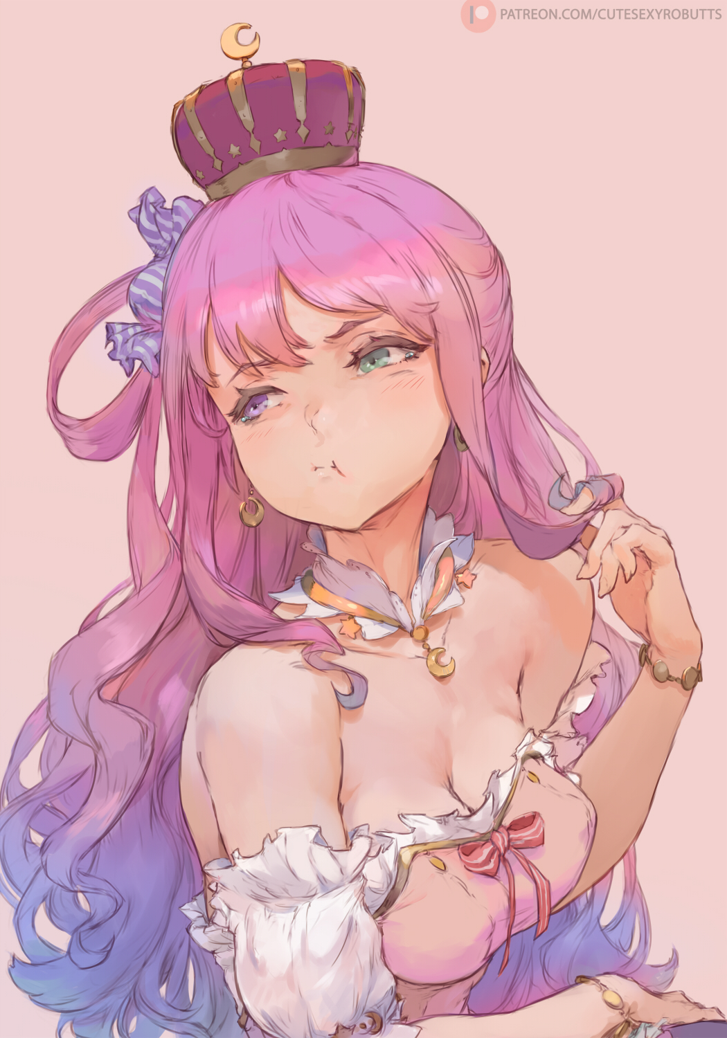 1girl :t angry bare_shoulders breasts crown cutesexyrobutts earrings green_eyes highres himemori_luna hololive jewelry medium_breasts pink_background pink_hair pout princess simple_background virtual_youtuber