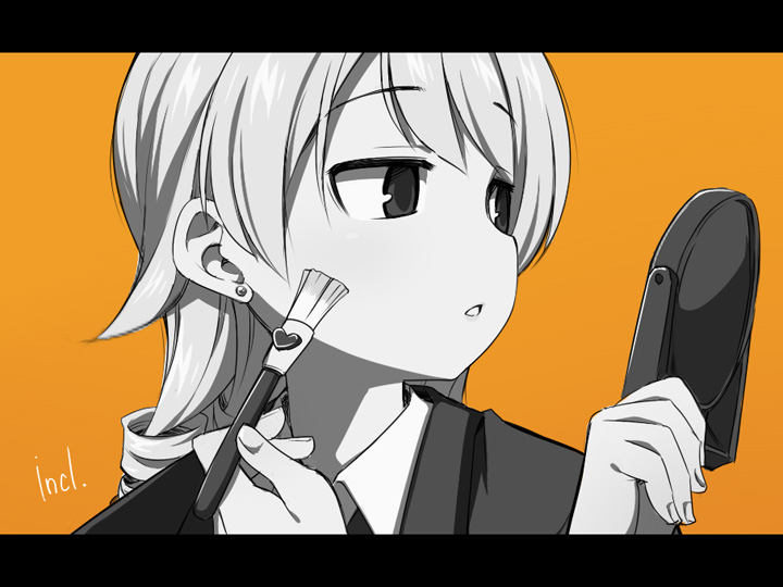 1girl bangs collared_shirt cosplay cosplay_request earrings eyebrows_visible_through_hair formal hands_up holding idolmaster idolmaster_cinderella_girls jewelry letterboxed long_hair looking_away monochrome morikubo_nono orange_background parted_lips ringlets shirt simple_background solo stud_earrings suit uccow