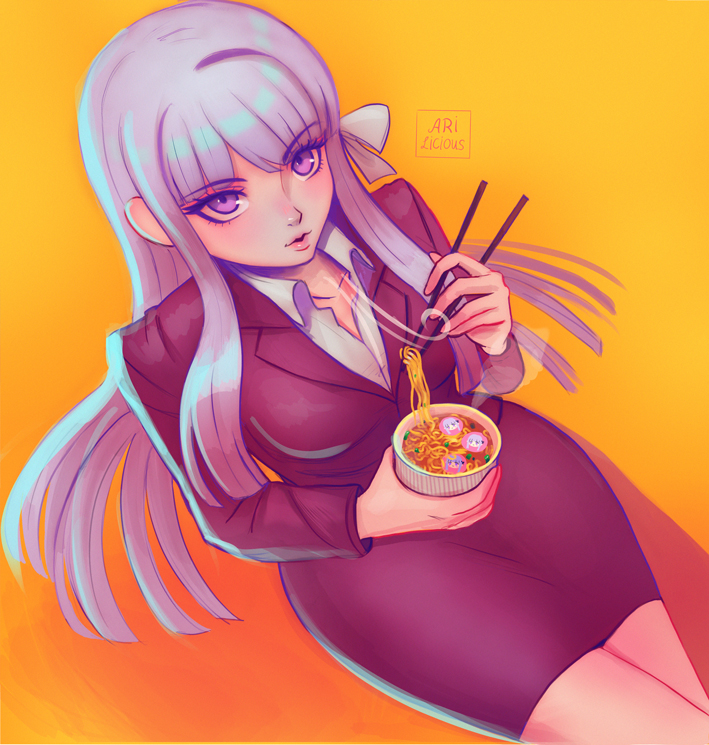 1girl artist_name breasts commentary dangan_ronpa:_trigger_happy_havoc dangan_ronpa_(series) eating english_commentary eyebrows_visible_through_hair food formal from_above kirigiri_kyouko long_hair long_sleeves looking_at_viewer medium_breasts missarilicious noodles office_lady parted_lips pencil_skirt purple_hair ramen shadow signature simple_background skirt skirt_suit solo suit violet_eyes watermark yellow_background