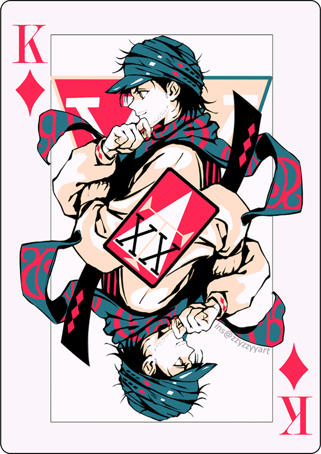 1boy black_hair card card_(medium) chin_stroking closed_mouth commentary diamond_(shape) english_commentary facial_hair floating_scarf ging_freecss green_headwear green_scarf hand_up hunter_x_hunter instagram_username king_of_diamonds long_sleeves male_focus multiple_views playing_card scarf short_hair smile symmetry tabard turban upside-down watermark zzyzzyy