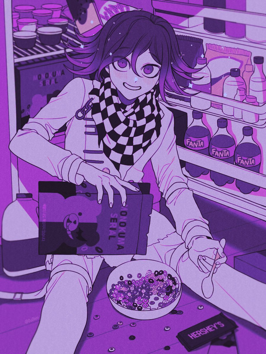 1boy ahoge bangs bong_(0u0bon) bowl box cereal cereal_box character_print checkered checkered_scarf dangan_ronpa_(series) dangan_ronpa_v3:_killing_harmony eyebrows_visible_through_hair fanta food grin highres holding holding_box holding_spoon indoors instrument long_sleeves looking_at_viewer male_focus messy_hair milk on_ground ouma_kokichi purple_hair purple_theme refrigerator scarf sitting smile solo spoon straitjacket symbol_commentary translation_request violet_eyes