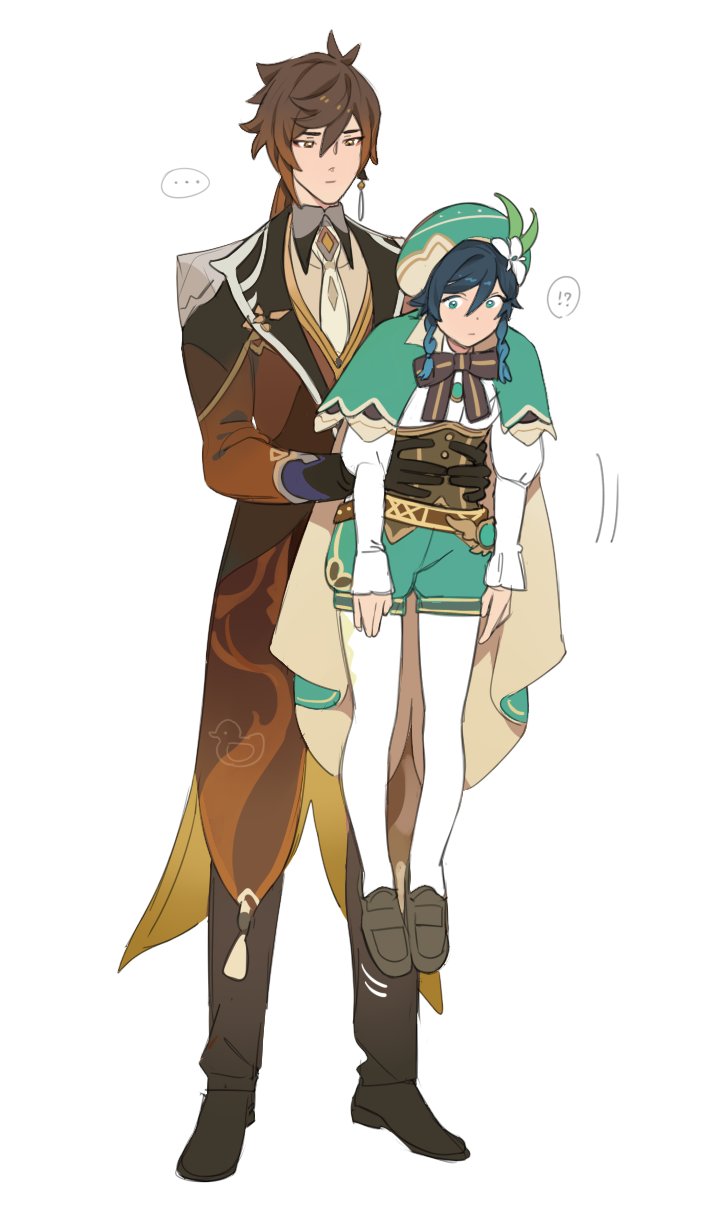 !? ... 2boys bangs black_gloves black_hair blue_hair bow braid brown_hair cape carrying closed_mouth collar earrings flower formal frilled_sleeves frills gem genshin_impact gloves gradient_hair green_headwear hair_between_eyes hair_flower hair_ornament hands_on_another's_hips hat highres holding holding_another jacket jewelry long_hair long_sleeves male_focus multicolored_hair multiple_boys necktie otoko_no_ko shoes simple_background single_earring suit tassel tassel_earrings twin_braids venti_(genshin_impact) white_background white_legwear y4_impact yellow_eyes zhongli_(genshin_impact)