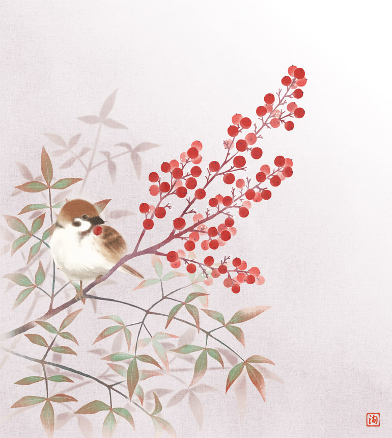 animal berries bird branch eurasian_tree_sparrow june_mina leaf no_humans original plant sparrow white_background