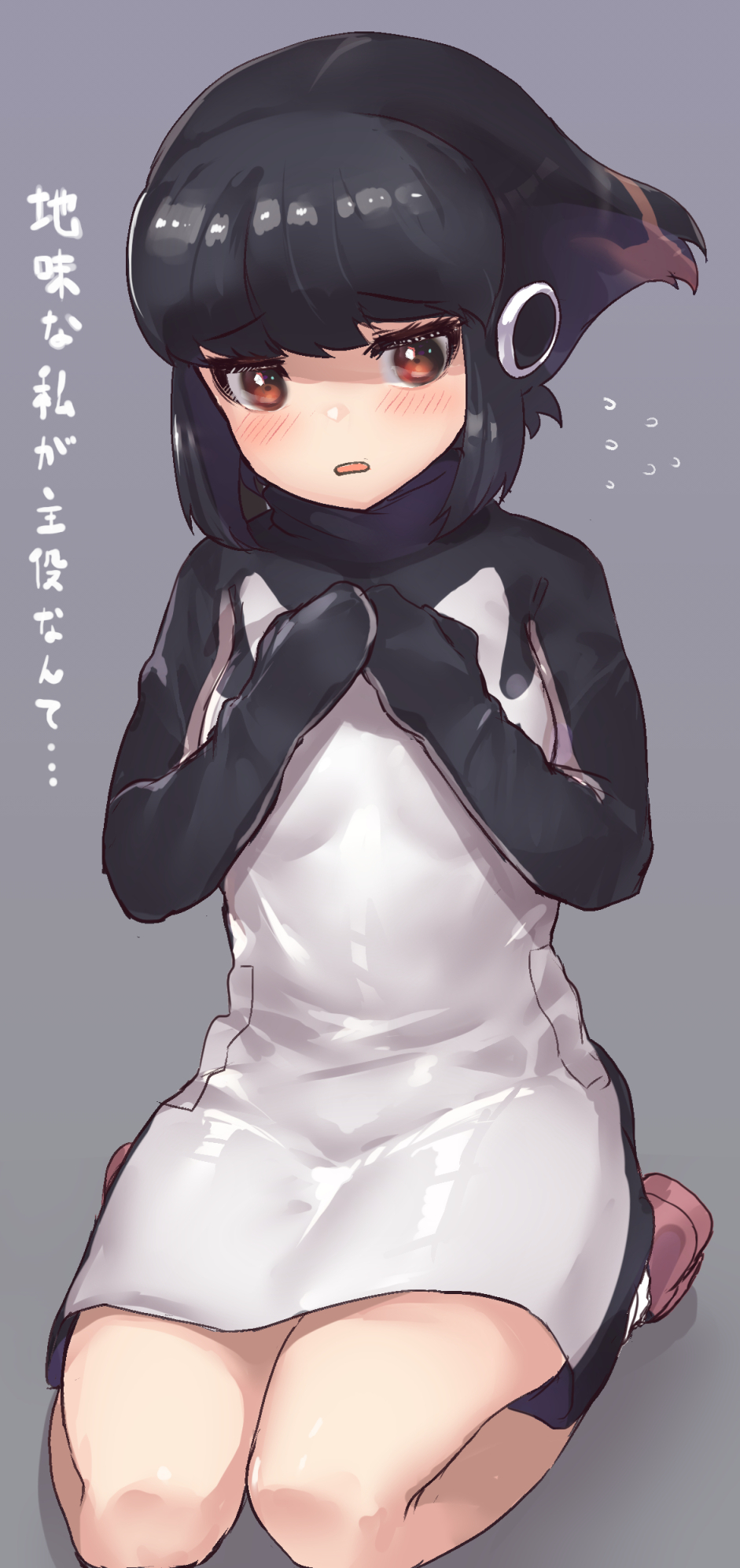 adelie_penguin_(kemono_friends) black_hair black_sweater blush commentary_request dress eyebrows_visible_through_hair flying_sweatdrops grey_background headphones highres kemono_friends multicolored_hair orange_eyes redhead seiza short_hair sidelocks sitting sweater sweater_dress tadano_magu translation_request two-tone_sweater white_sweater