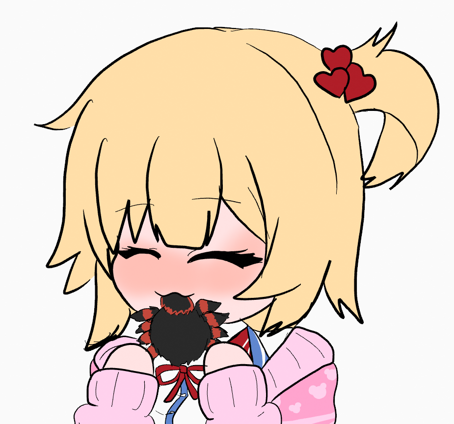 1girl akai_haato blonde_hair bow bug chibi eating eyebrows_visible_through_hair food hair_bow hair_ornament holding holding_food hololive min4min simple_background solo spider tarantula virtual_youtuber