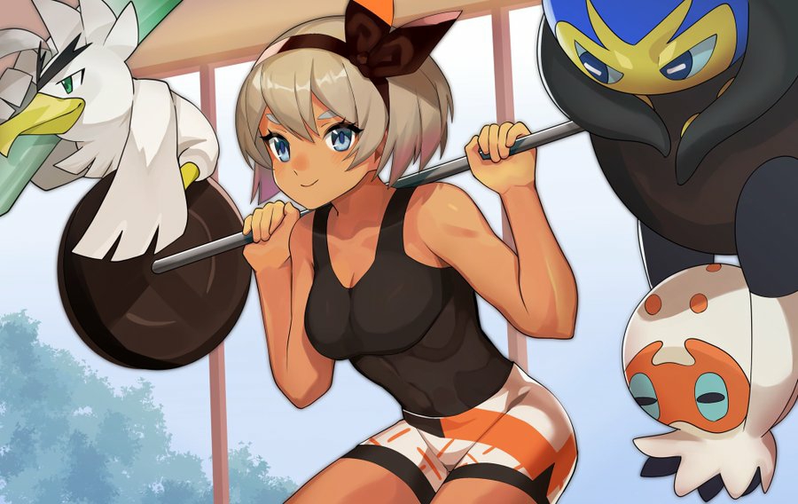 1girl bangs barbell bare_arms bea_(pokemon) black_bodysuit blue_eyes bodysuit bodysuit_under_clothes bow_hairband breasts clobbopus closed_mouth commentary_request eyelashes gen_8_pokemon grapploct grey_hair hairband holding indoors katwo pokemon pokemon_(creature) pokemon_(game) pokemon_swsh print_shorts shiny shiny_hair short_hair shorts side_slit side_slit_shorts sirfetch'd smile squatting weightlifting