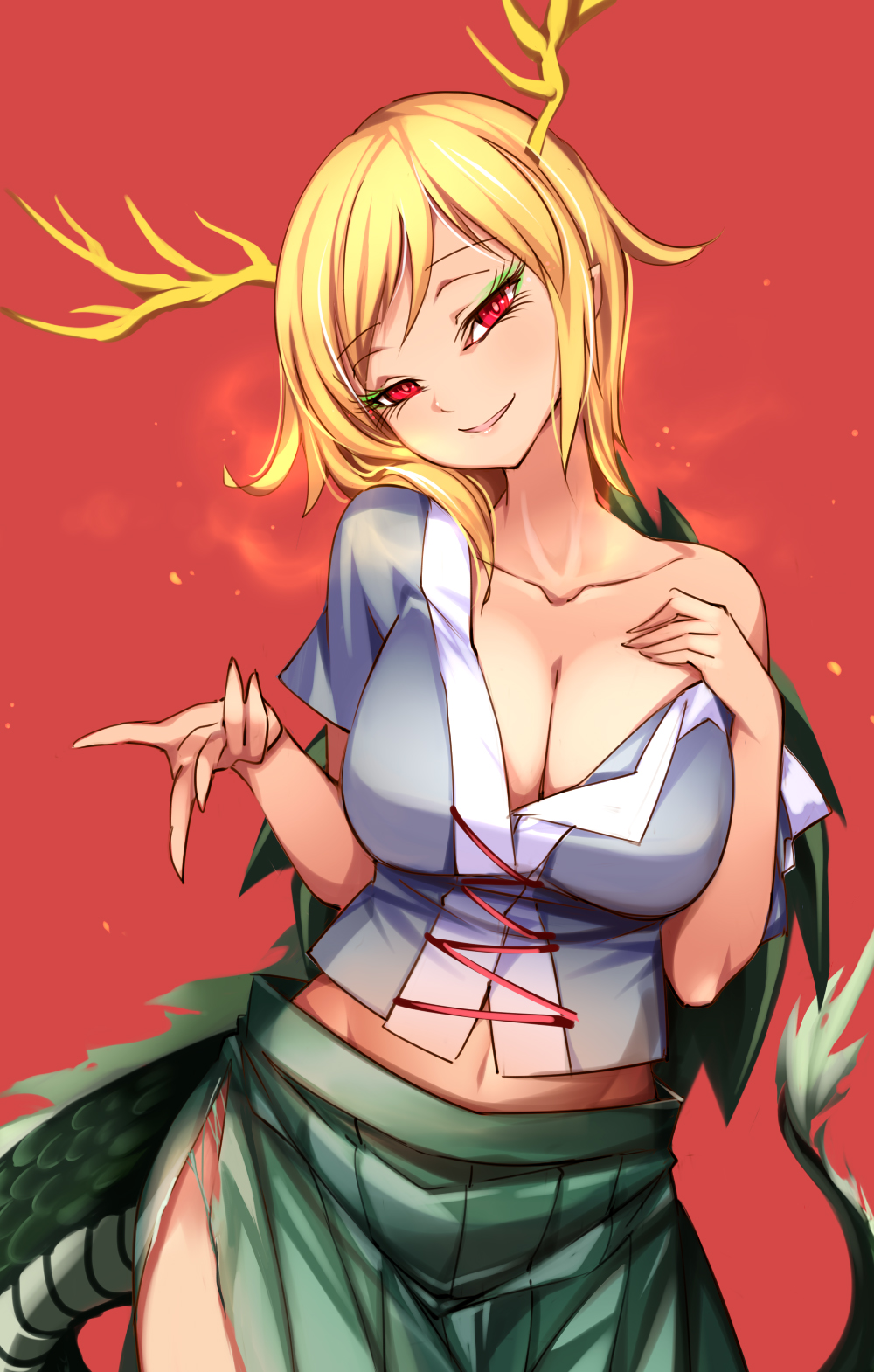 1girl beckoning blonde_hair breath collarbone come_hither commentary_request cowboy_shot dragon_girl dragon_horns dragon_tail eyebrows_visible_through_hair highres horns kicchou_yachie looking_at_viewer medium_hair midriff navel off_shoulder pointy_ears raptor7 red_background shell short_hair simple_background skirt smile solo tail torn_clothes touhou