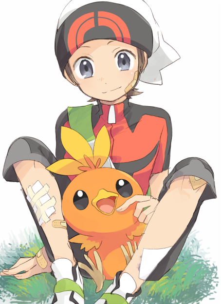 1boy backpack bag bandaid bandaid_on_face bandaid_on_hand bandaid_on_knee bandaid_on_leg beanie brendan_(pokemon) brown_hair buckle capri_pants closed_mouth commentary_request grass green_bag grey_eyes hat looking_down male_focus niimura_(csnel) pants pokemon pokemon_(creature) pokemon_(game) pokemon_oras shirt shoes short_hair sitting smile split_mouth torchic white_footwear white_headwear zipper_pull_tab