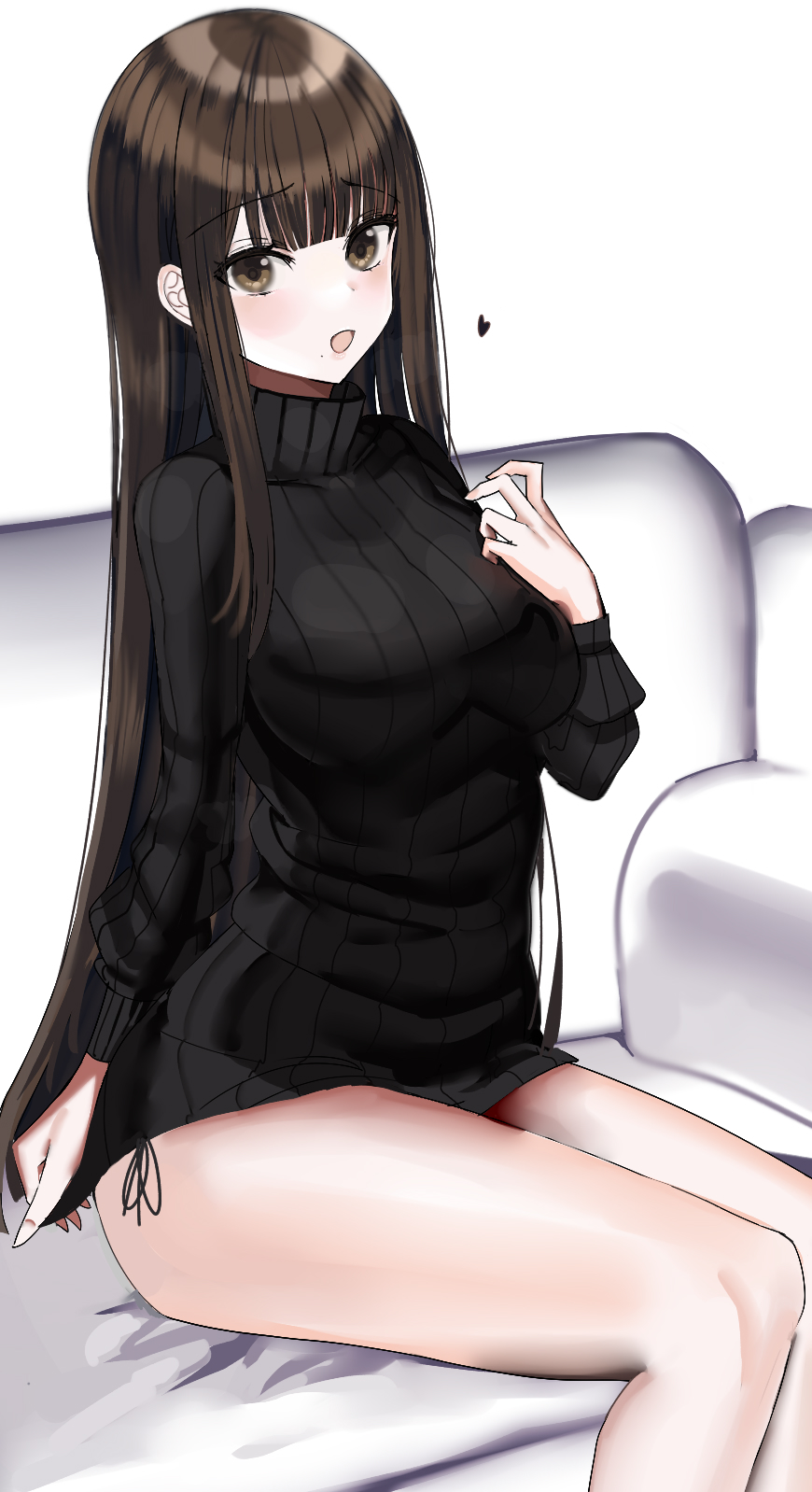 1girl bangs black_skirt black_sweater blunt_bangs breasts brown_eyes brown_hair couch hanasaka_houcha heart highres light_blush long_hair long_sleeves looking_at_viewer mole mole_under_mouth open_mouth original sidelocks simple_background sitting skirt solo sweater thighs turtleneck turtleneck_sweater white_background