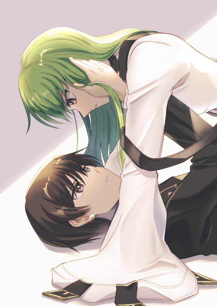 1boy 1girl black_hair black_jacket brown_eyes c.c. code_geass couple eye_contact girl_on_top green_hair grey_background hand_in_another's_hair jacket lelouch_lamperouge long_hair long_sleeves looking_at_another lying nanase_(nns_6077) on_back parted_lips profile shiny shiny_hair short_hair sleeves_past_fingers sleeves_past_wrists two-tone_background violet_eyes white_background