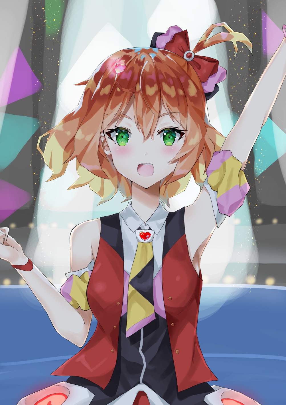 1girl arm_strap armpits blush bow bracelet breasts clenched_hand freyja_wion green_eyes hair_between_eyes hair_bow hair_ornament heart heart_hair_ornament highres idol idol_clothes jewelry macross macross_delta orange_hair red_bow short_hair side_ponytail small_breasts solo yoru_usagi